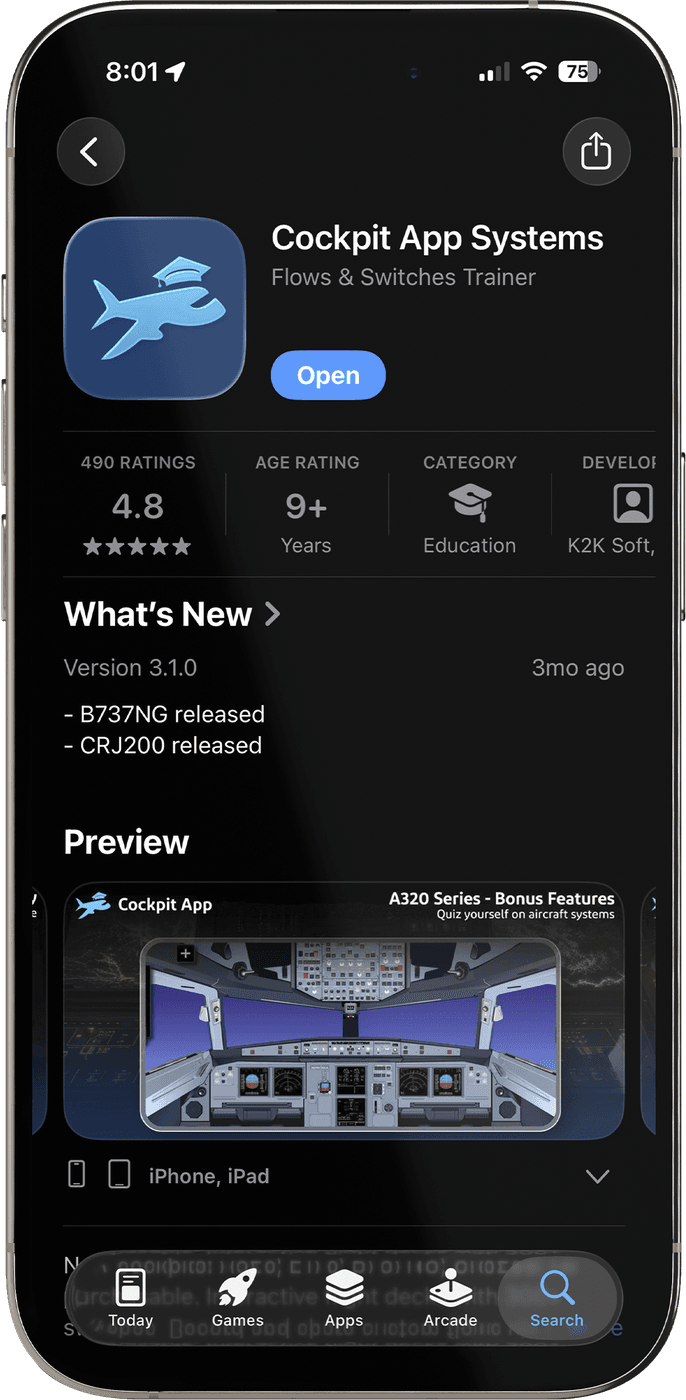 An iPhone showing the Cockpit App Systems listing in the App Store