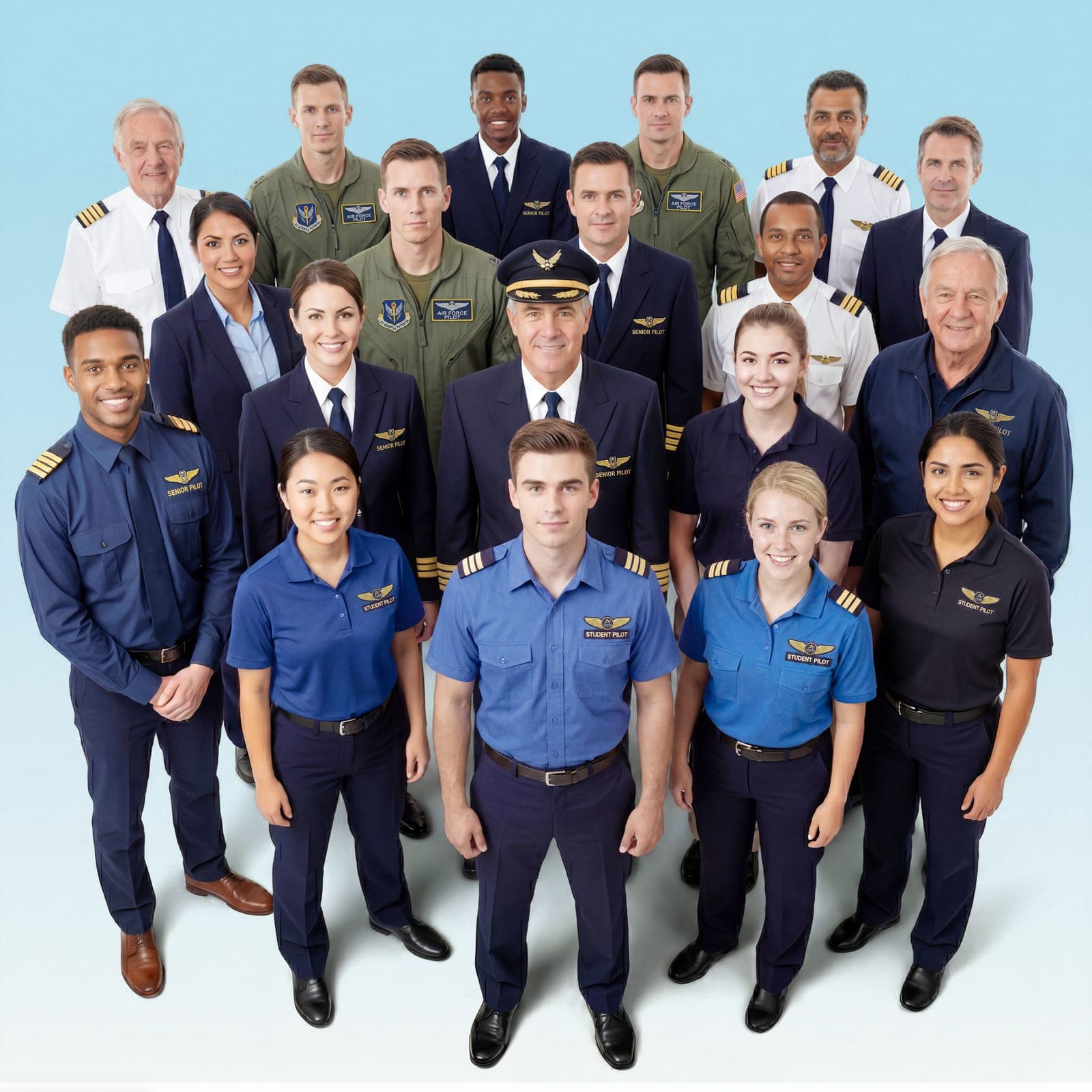 A large group of airline pilots in uniform on an airport apron